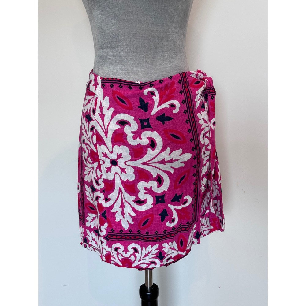 Ann Taylor Factory Pink White Damask Linen Blend Faux Wrap Mini Skirt 14P